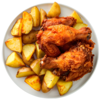 Fried Chicken Drumsticks with Potato Slices on Plate Isolated on Transparent Background png