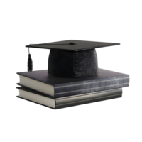 Black graduation cap with diploma scroll on stacked books isolated on transparent background png