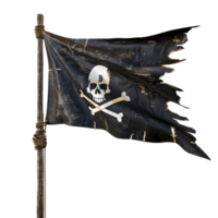 Black pirate flag with skull and crossbones on a wooden pole isolated on transparent background png