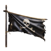 Pirate flag with skull and crossbones waving on a wooden pole isolated on transparent background png