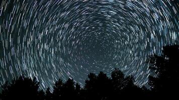 Star trails create mesmerizing patterns in the night sky above a dark forest. The long exposure captures the motion of celestial bodies over time. Stars move around a polar star. 4K video