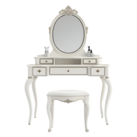 Elegant white vanity table complete with a mirror and stool png