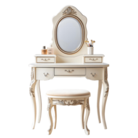 White vanity with a mirror and a matching stool png