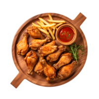 chicken wings and fries on a wooden plate with ketchup and sauce on a white background p png