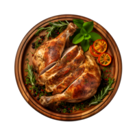 roasted chicken on a wooden plate with herbs and spices png
