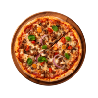 pizza with meat and vegetables on a wooden board png