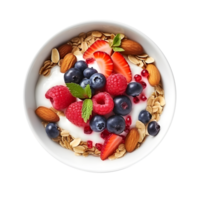 yogurt with berries and almonds in a bowl on a transparent background png