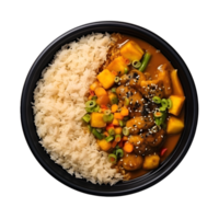chicken curry with rice and vegetables in a bowl on a transparent background png