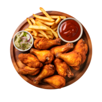 chicken wings and fries on a wooden plate with ketchup and ketchup sauce png