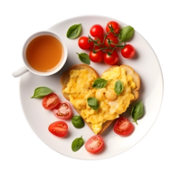 scrambled eggs and tomato on a heart shaped plate with a cup of tea on a transparent png