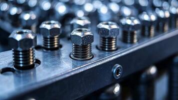 Many metal bolts and nuts securing a metallic frame in a close up industrial shot video