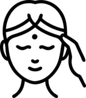 Close up portrait of a woman applying traditional bindi copy space to the left. vector