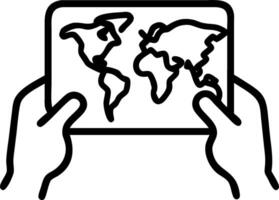 Close up of hands holding digital tablet with holographic world map symbolizing global digital connectivity vector