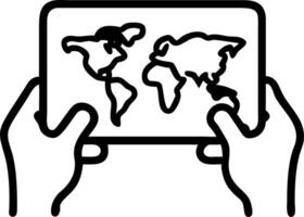Close up of diverse hands holding digital tablet displaying world map with copy space vector