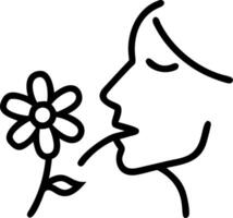 Close up of a person inhaling scent of a flower with copy space vector