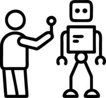 Human and robot analyzing data on holographic screen vector