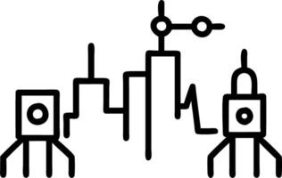 Glossy cityscape with human and robotic figures collaborating vector