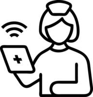 Glossy background with tech savvy nurse using digital tablet in modern hospital with copy space vector