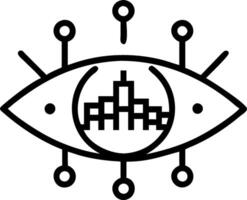 Close up of eye with digital network overlay reflecting city lights vector