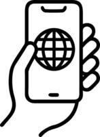 Close up of a hand holding a smartphone displaying a global network vector