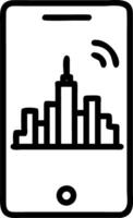 City skyline reflected in smartphone with network overlay vector
