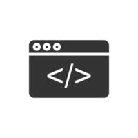 A black and white icon of a computer screen with a code symbol vector