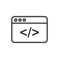 A black and white icon of a computer screen with a code symbol vector