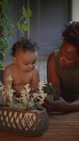 A Mother and Child are Joyfully Engaging with their Beautiful Potted Plants in a Warm Setting video