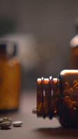 Amber Bottles Containing Medication Placed on a Wooden Table for Display and Use video