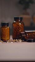 A Collection of Various Health Supplements Kept in Amber Glass Jars Arranged on a Table video