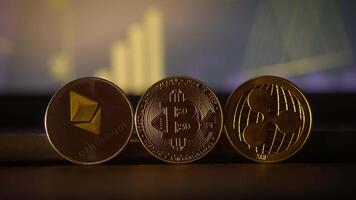 A Comprehensive Display of Cryptocurrency Coins Bitcoin, Ethereum, and XRP for analysis video