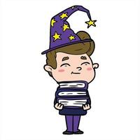 art happy cartoon wizard with stack of new books video