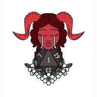 art Retro Tattoo Style crying tiefling character with natural one D20 dice roll video