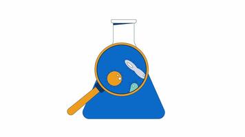 Magnified microorganisms in flask with water 2D object animation. Microbiological research loupe cartoon 4K , alpha channel. Lab experiment glassware animated flat item on white background video