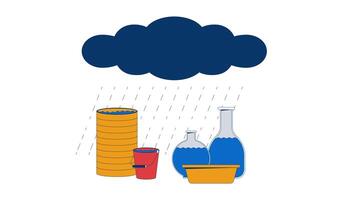 Rain falling from rainy cloud into various containers cartoon animation. 4K motion graphic. Rainwater harvesting in barrel, bucket, basin, flasks animated 2D scene isolated on white background video