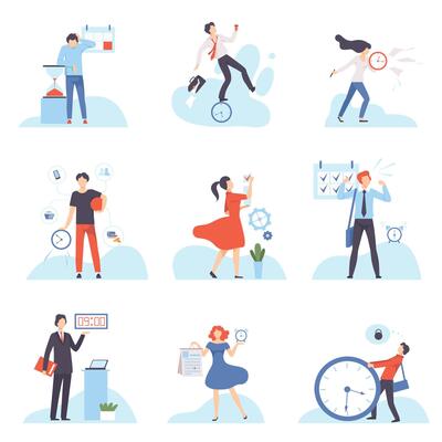 Businesspeople Planning, Controlling and Managing Their Working Time Set, Organization and Control of Working Time, Efficient Time Management Business Concept Flat Illustration