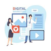Digital Marketing, Creative Team Working on Content and Management Strategy, Business Analysis Flat Illustration vector