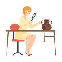 Female Archaeologist Researching Ancient Amphora with Magnifier, Scientist Character Working on Excavations with Historical Artifacts Flat Illustration vector