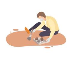 Male Archaeologist Sitting on Ground and Sweeping Dirt from Stones Using Brush, Paleontology Scientist Character Working on Excavations with Historical Artifacts Flat Illustration vector