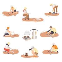Archaeologists Excavating, Researching and Photographing Historical Artifacts Set, Paleontology Scientists Characters Flat Illustration vector