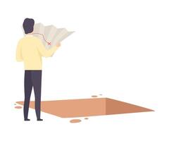 Male Archaeologist Examininig Map of Archaeological Excavations, Scientist Character Working on Excavations with Historical Artifacts Flat Illustration vector