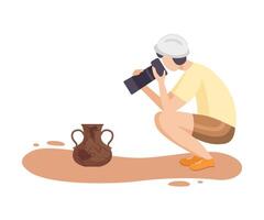 Female Archaeologist Researching and Photographing Ancient Amphora, Scientist Character Working on Excavations with Historical Artifacts Flat Illustration vector