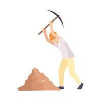 Male Archaeologist Scientist Character in Protective Hat Working on Excavations with Pickaxe Flat Illustration vector