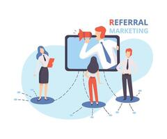 Referral Marketing, Businessman Shouting in Megaphone, Referral Program Strategy, Refer a Friend, Business Partnership, Blogging Promotion Services Flat Illustration vector