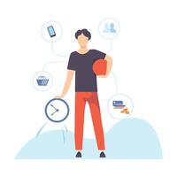 Young Man Planning and Managing His Personal Timetable, Organization and Control of Working Time, Efficient Time Management Business Concept Flat Illustration vector