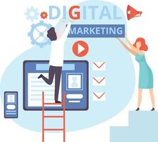 Digital Marketing, People Working on Business Analysis, Content and Management Strategy, Teamwork Flat Illustration vector