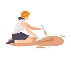 Female Archaeologist Sitting on Ground and Sweeping Dirt from Bone of Skeleton Using Brush, Paleontology Scientist Character Working on Excavations with Historical Artifacts Flat Illustration vector
