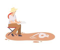 Female Archaeologist Researching and Describing Bones of Prehistoric Animal, Scientist Character Working on Excavations with Historical Artifacts Flat Illustration vector