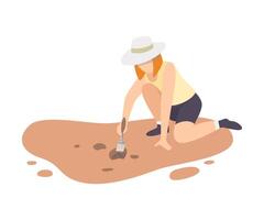 Female Archaeologist Sitting on Ground and Sweeping Dirt from Ceramic Crocks Using Brush, Paleontology Scientist Character Working on Excavations with Historical Artifacts Flat Illustration vector
