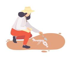 Female Archaeologist Sweeping Dirt from Bones of Prehistoric Animal Skeleton Using Brush, Paleontology Scientist Character Working on Excavations with Historical Artifacts Flat Illustration vector